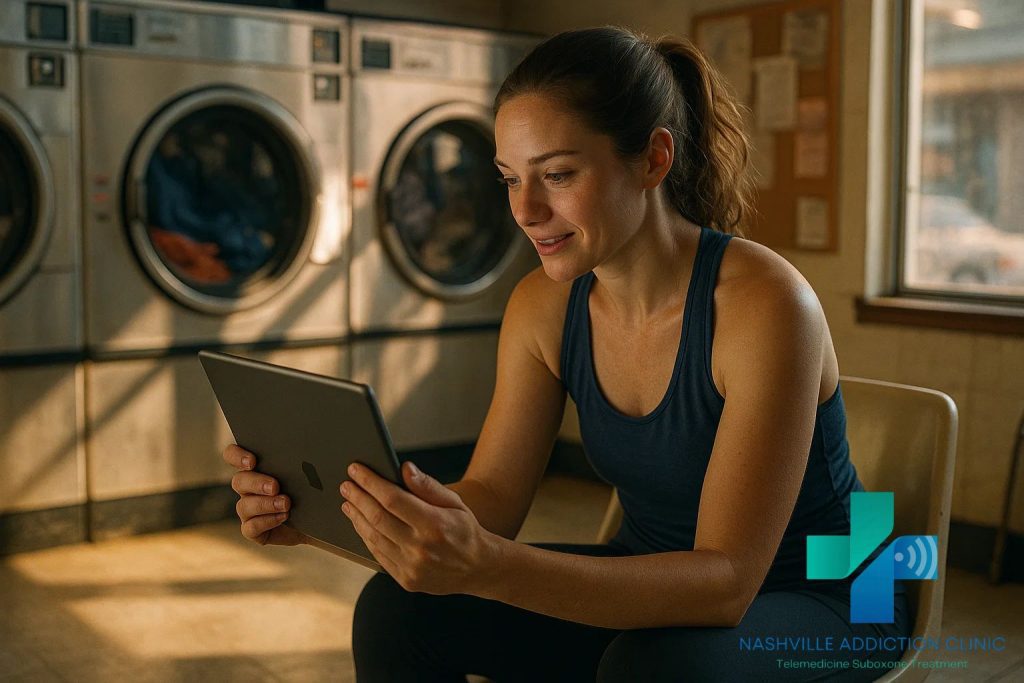 Young woman in a laundromat using her iPad for a same-day Suboxone appointment in Tennessee while waiting for laundry to finish.