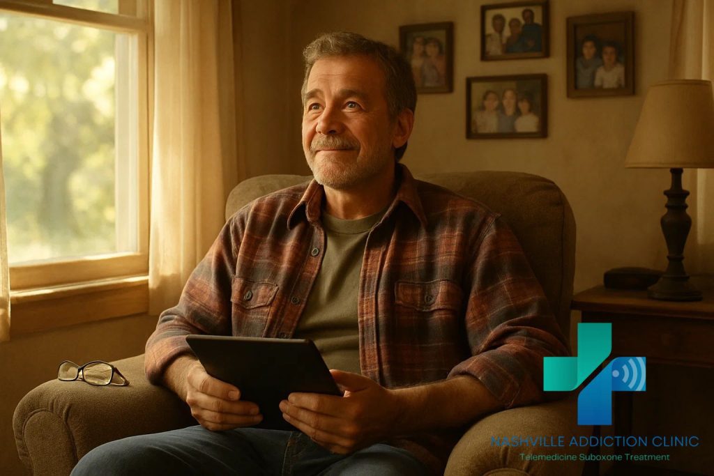 A man feels confidence after completing a Suboxone by video call, providing safe confidential addiction treatment from home.