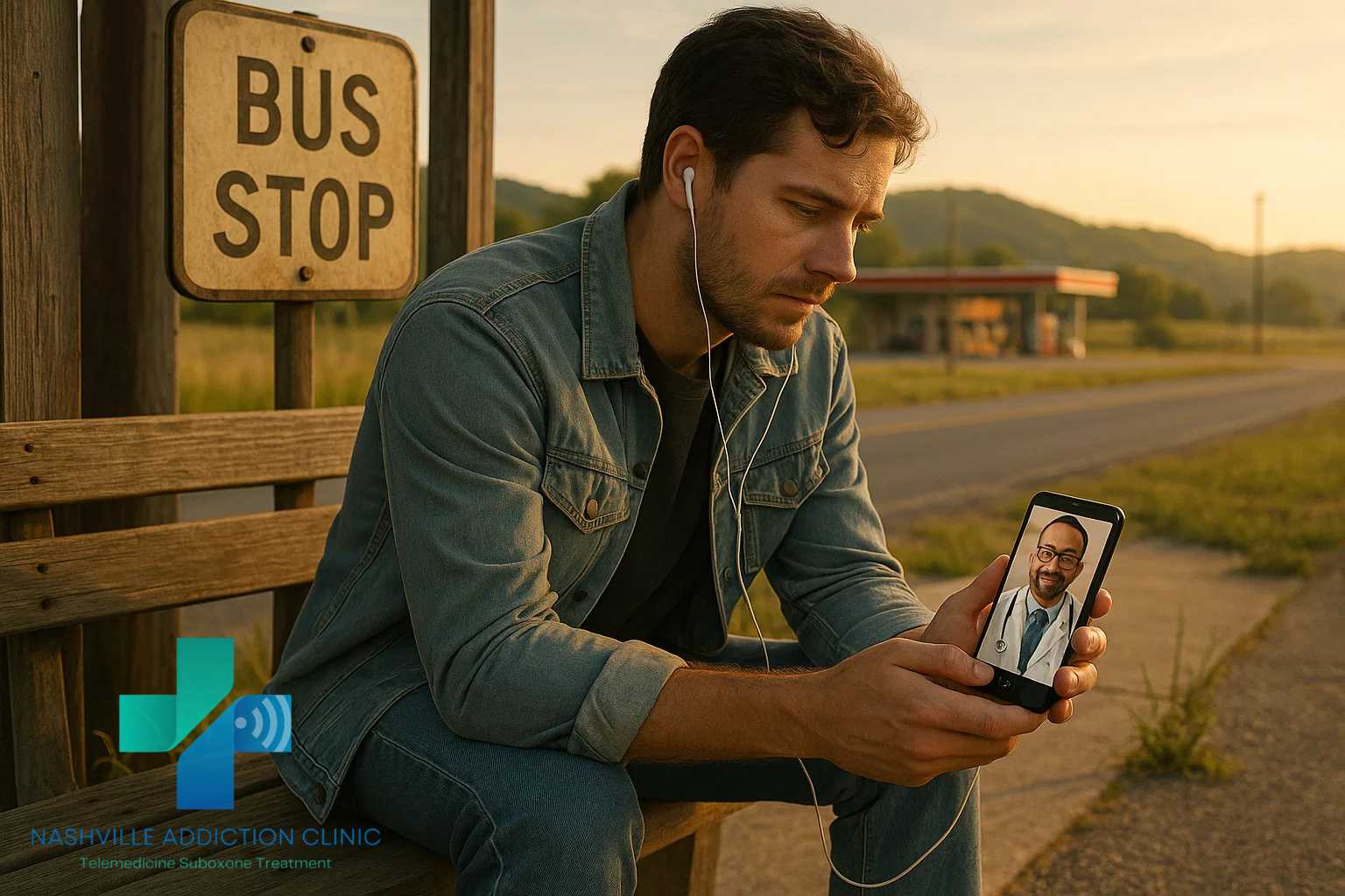 Man in his 20s at a rural bus stop on his phone for a telemedicine Suboxone appointment in Tennessee.