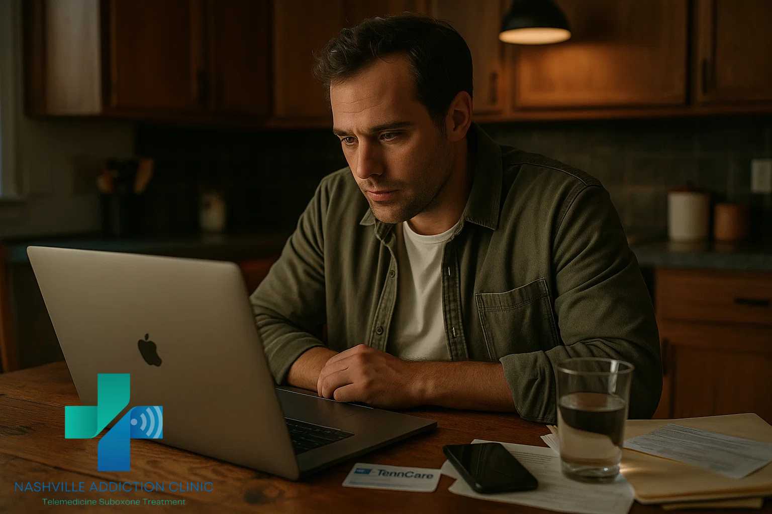 Man in rural Tennessee kitchen meeting with Suboxone doctor online via telehealth, with TennCare card, phone, and water on the table.