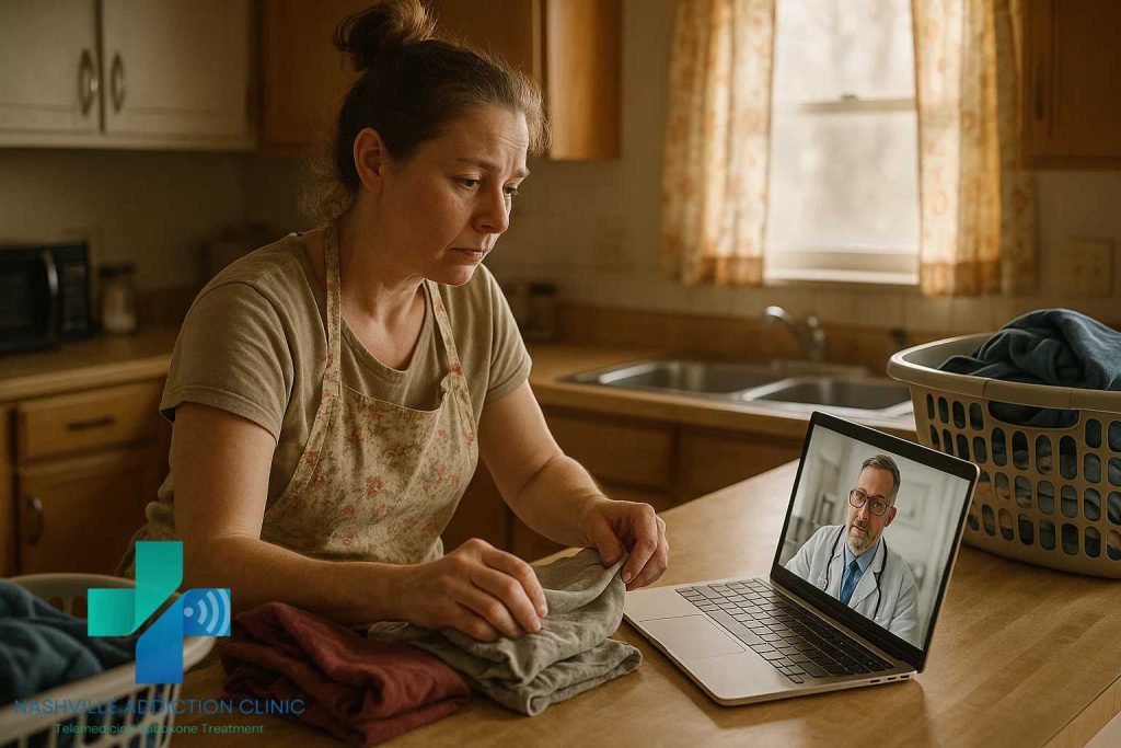 Woman folding laundry in her kitchen while speaking to a Suboxone doctor in Tennessee through her laptop.