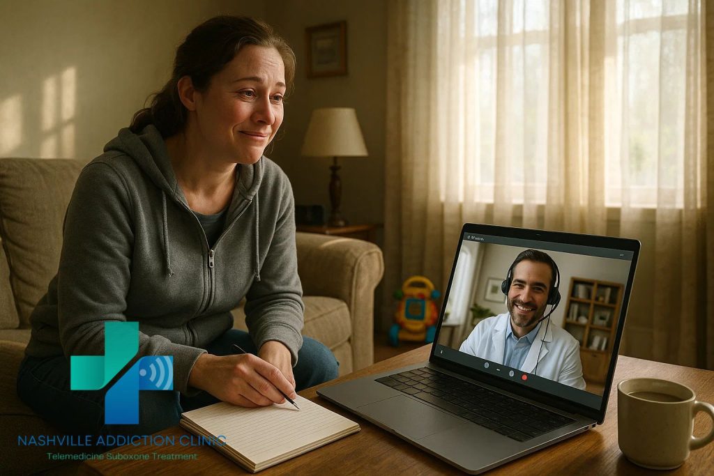 Woman at her home office desk using her laptop for virtual Suboxone treatment with an insurance-accepting doctor in Tennessee.