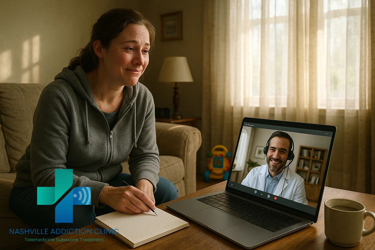 Woman at her home office desk using her laptop for virtual Suboxone treatment with an insurance-accepting doctor in Tennessee.