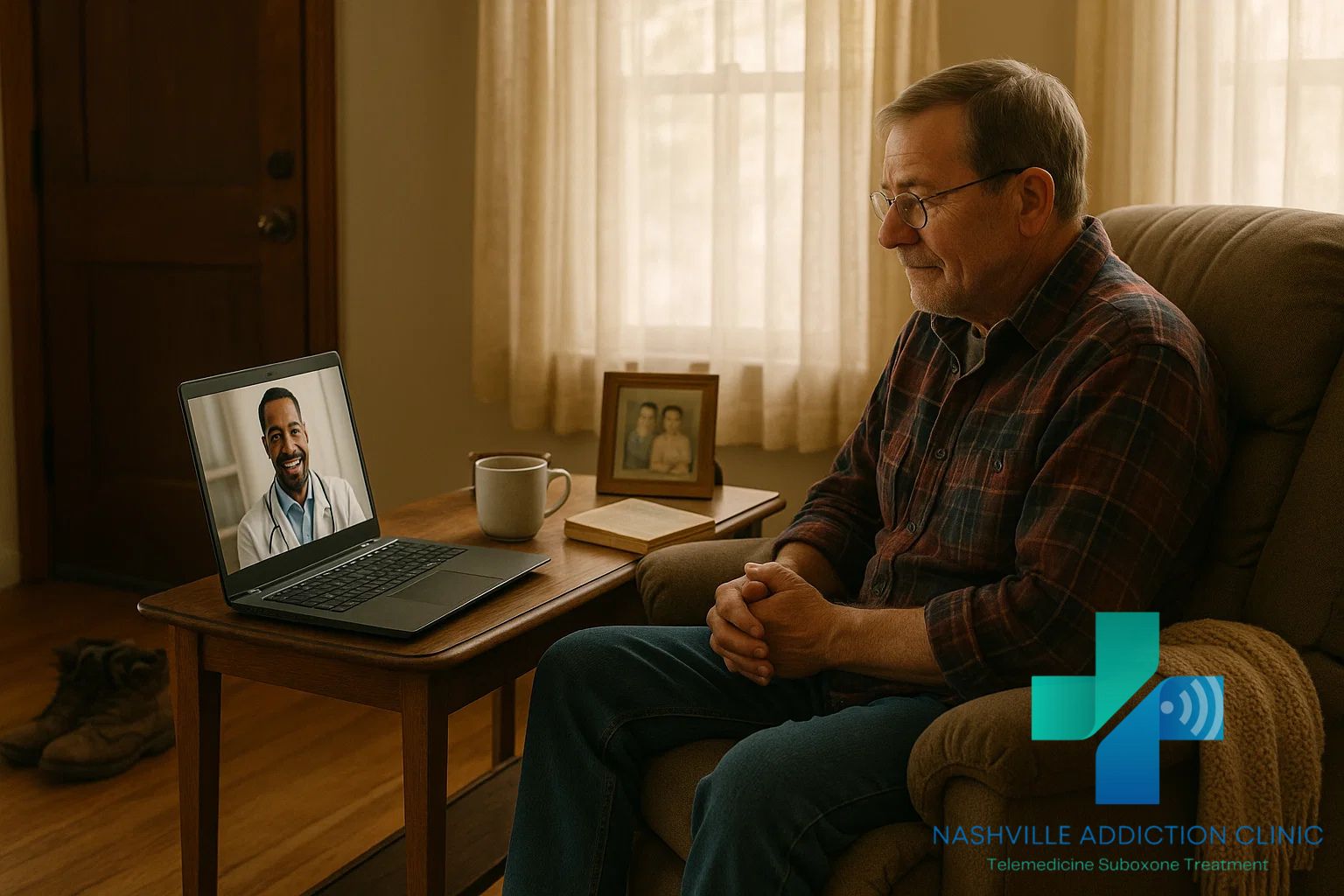 Middle-aged man in his living room using a laptop for an online Suboxone doctor visit covered by insurance.