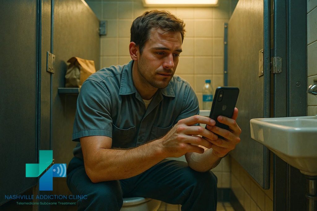 Young man in a work uniform using his smartphone for a Suboxone telehealth consultation in a modest restroom, representing affordable help for the uninsured in Tennessee.