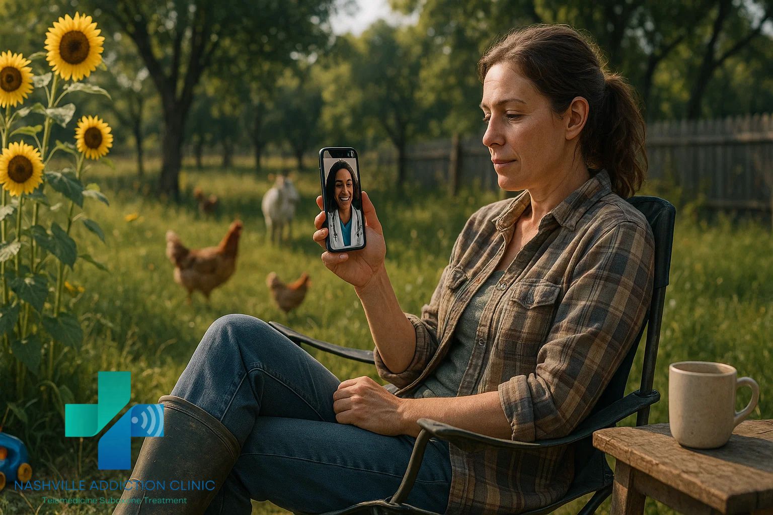 Woman in her early 30s outside her country home on her phone for a Suboxone refill telemedicine appointment in Tennessee.