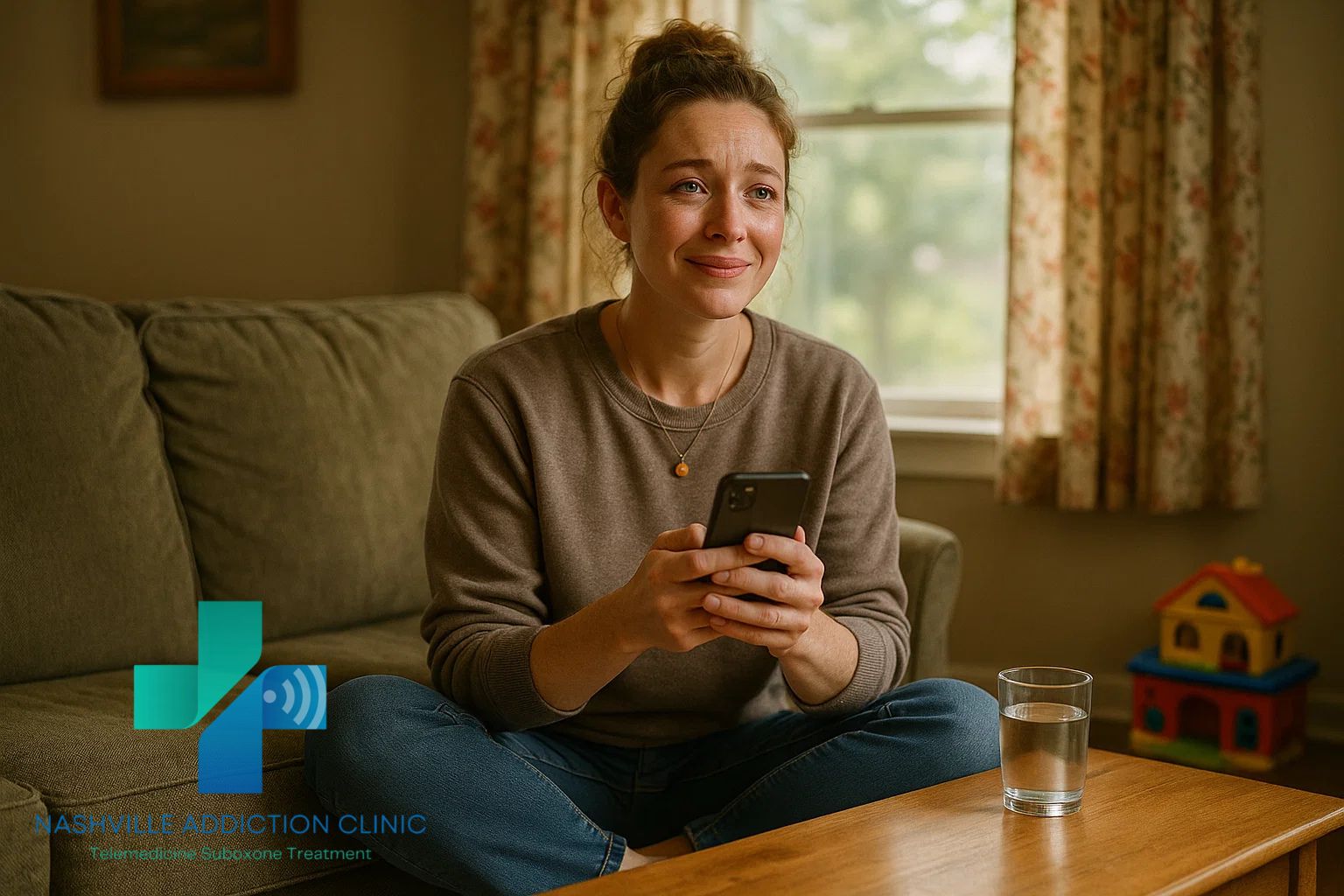 Woman smiling on her couch during a Same-Day Suboxone Telemedicine appointment in Tennessee using her health insurance.
