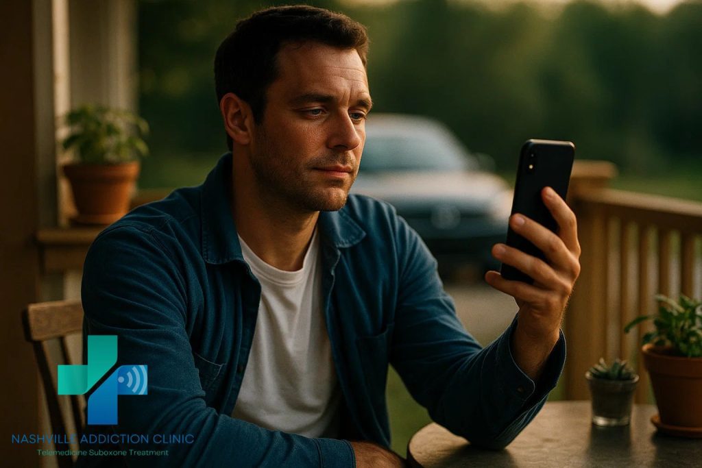 Man on a Tennessee porch attending a Suboxone video appointment on his laptop with plants and a car in the background.