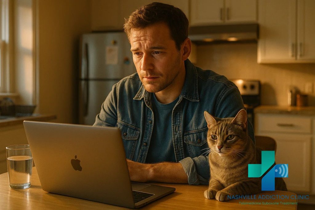 Man in his kitchen sitting at the table next to his cat using his laptop for a telehealth addiction care appointment to receive Suboxone.