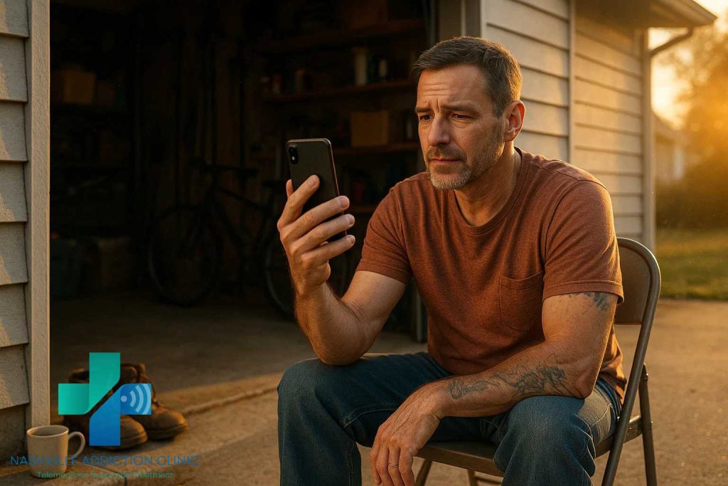 Middle-aged man using smartphone for telehealth addiction support outside his garage at sunset in Tennessee.