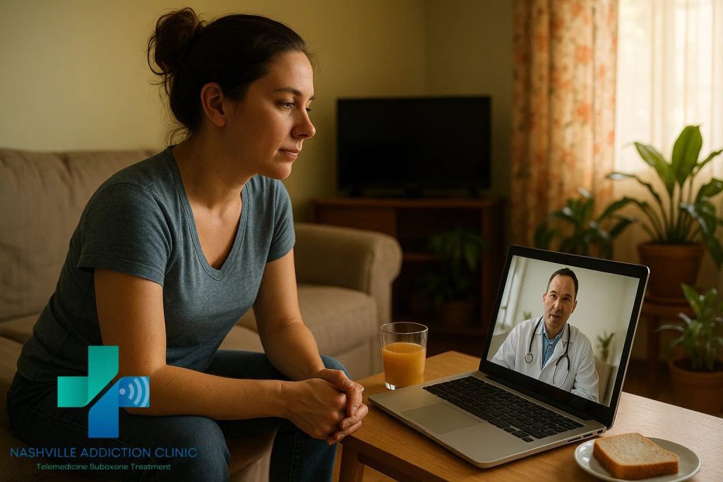 Woman on laptop in Tennessee speaking with telehealth doctor to get Suboxone prescription for opioid use disorder.
