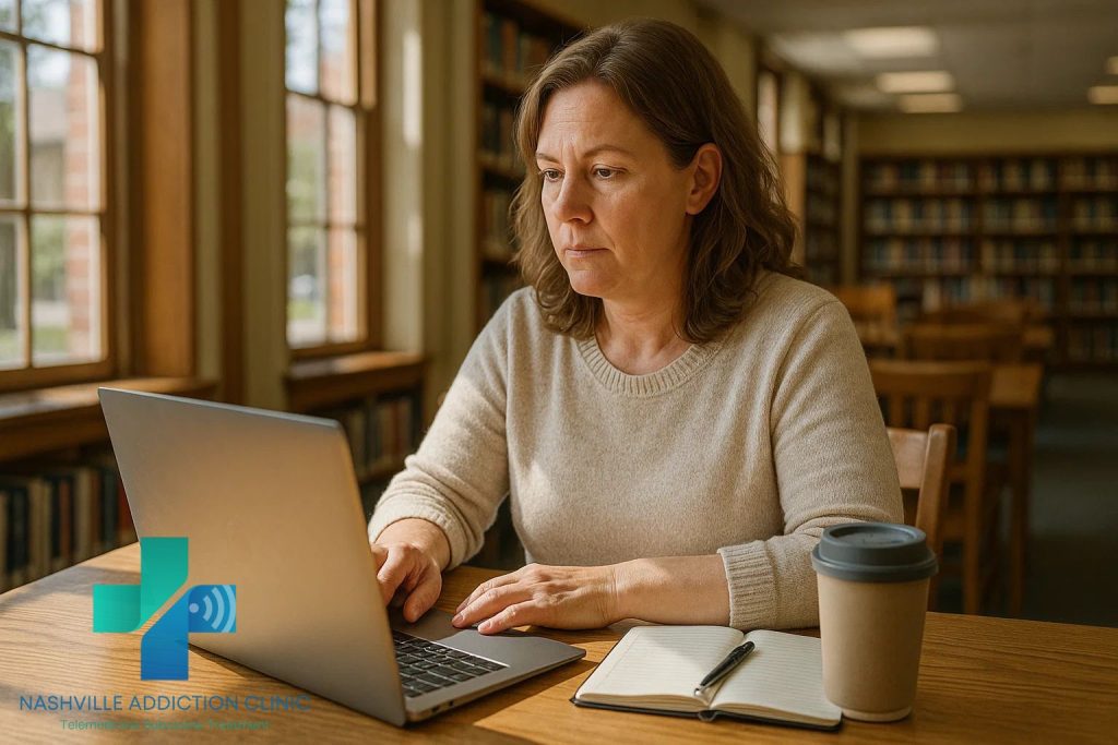 Woman sitting in a library using her laptop for telehealth opioid recovery in Tennessee.
