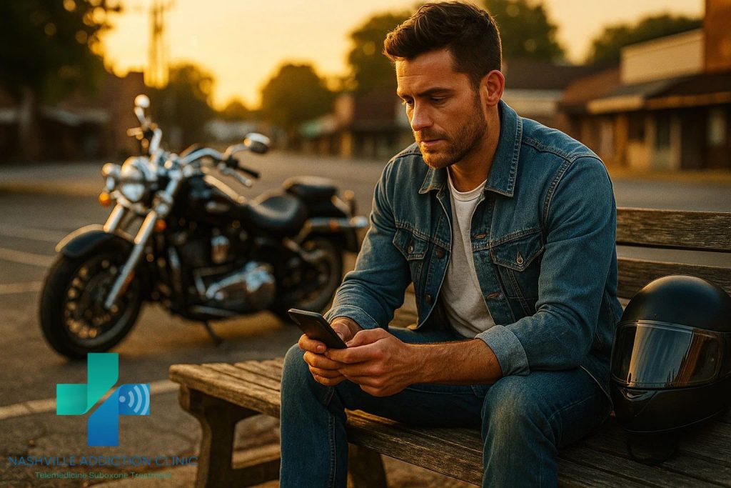 Young man in a denim jacket using his phone for a TeleMAT Tennessee telehealth call with his motorcycle behind him.