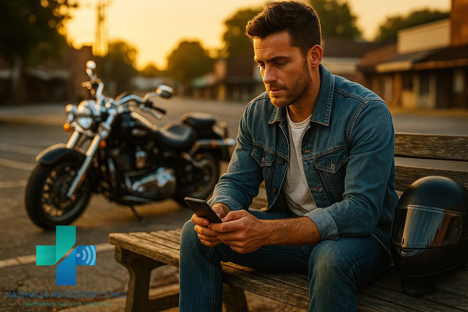 Young man in a denim jacket using his phone for a TeleMAT Tennessee telehealth call with his motorcycle behind him.