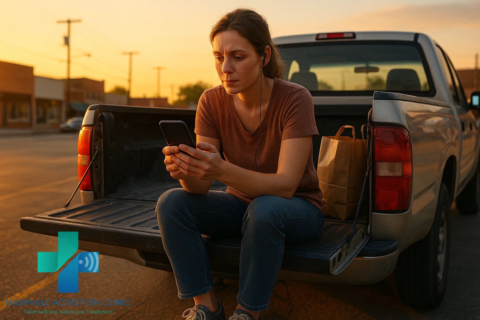 Young woman on pickup truck tailgate in Tennessee using her phone for telemedicine detox support at sunset.