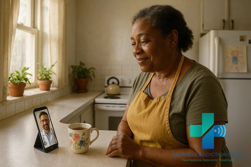 Tennessee-licensed Suboxone provider meeting with a rural patient through a secure video call from her kitchen.