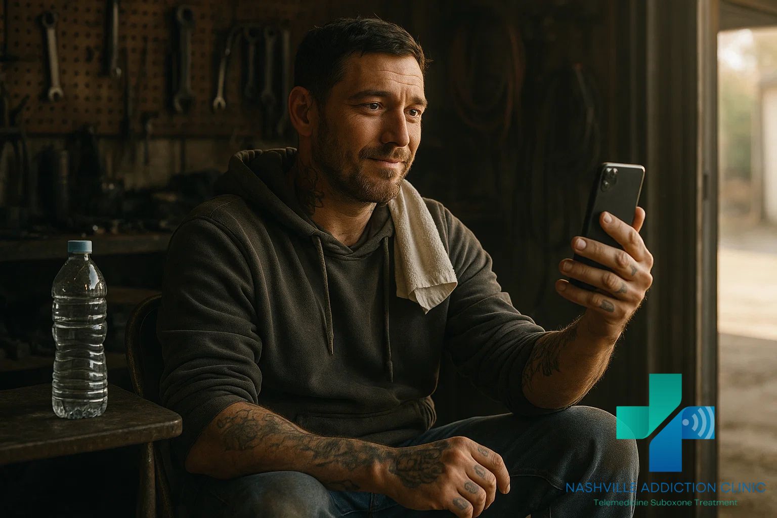 Man in workshop using phone for TN opioid addiction help with virtual Suboxone treatment.