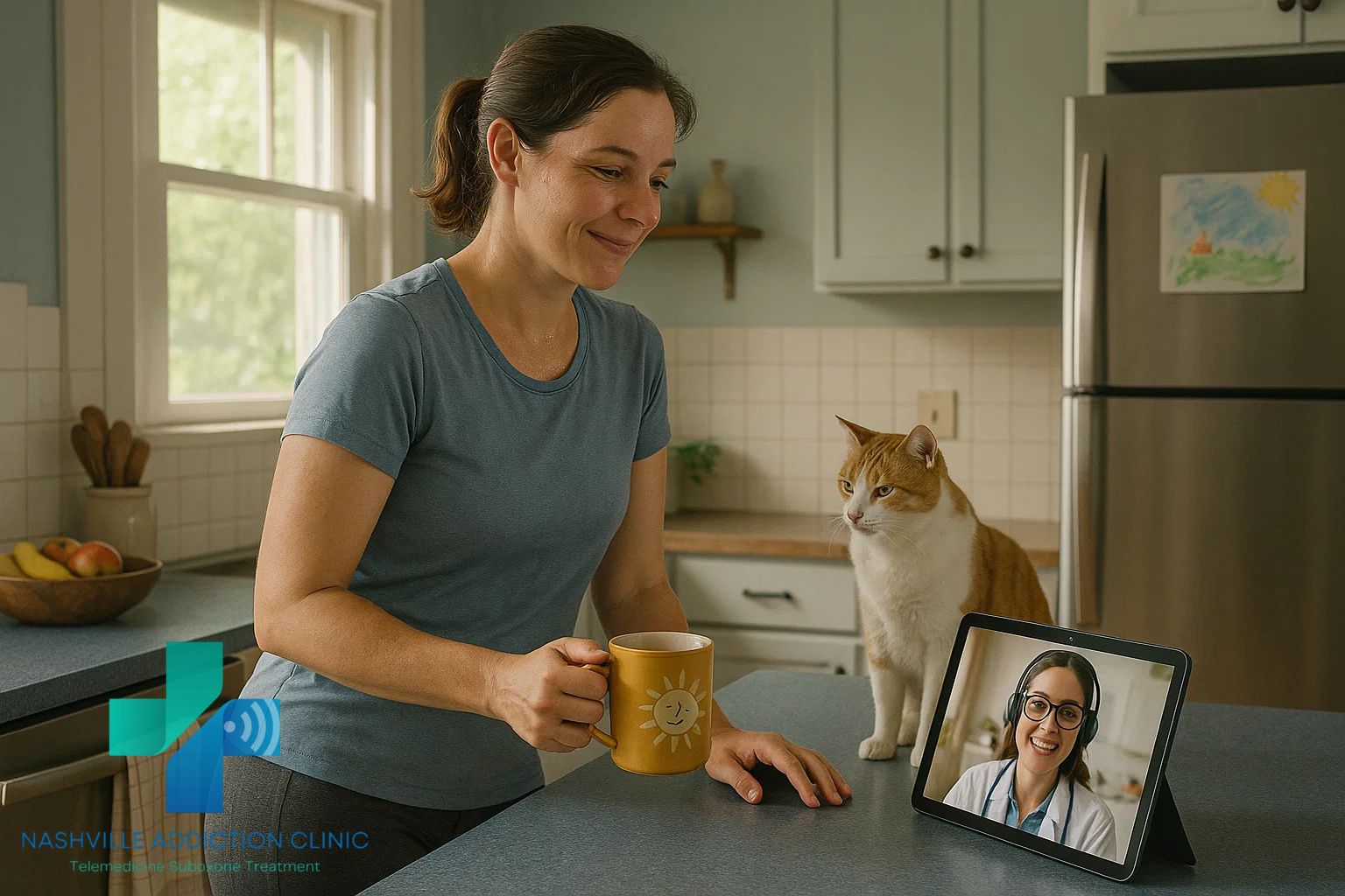 Woman smiling while drinking coffee in her rural Tennessee kitchen using a tablet for a virtual addiction treatment appointment.