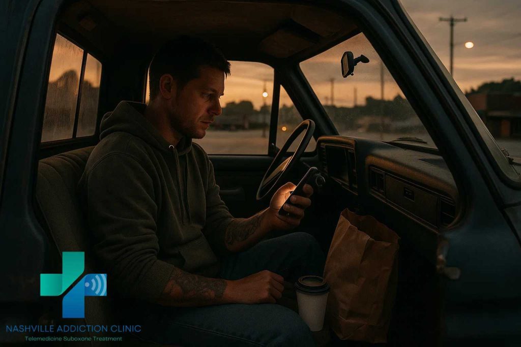 Working-class Tennessean in hoodie and jeans sitting in an old pickup truck at sunset, speaking on a smartphone with a telehealth counselor about 7-Hydroxy addiction recovery.