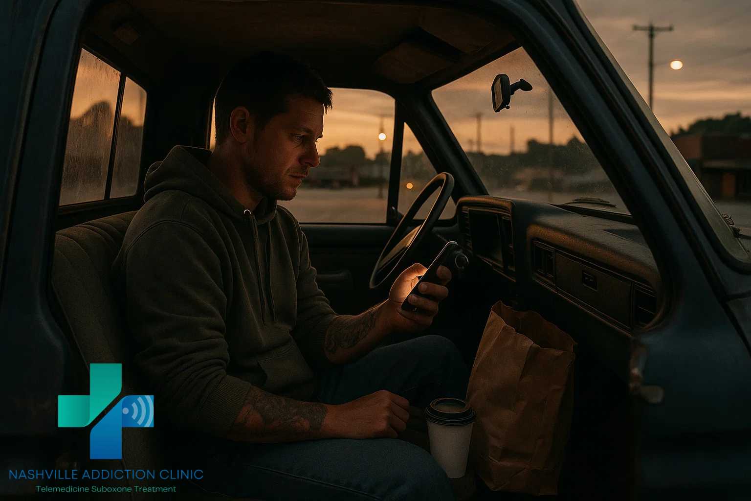Working-class Tennessean in hoodie and jeans sitting in an old pickup truck at sunset, speaking on a smartphone with a telehealth counselor about 7-Hydroxy addiction recovery.