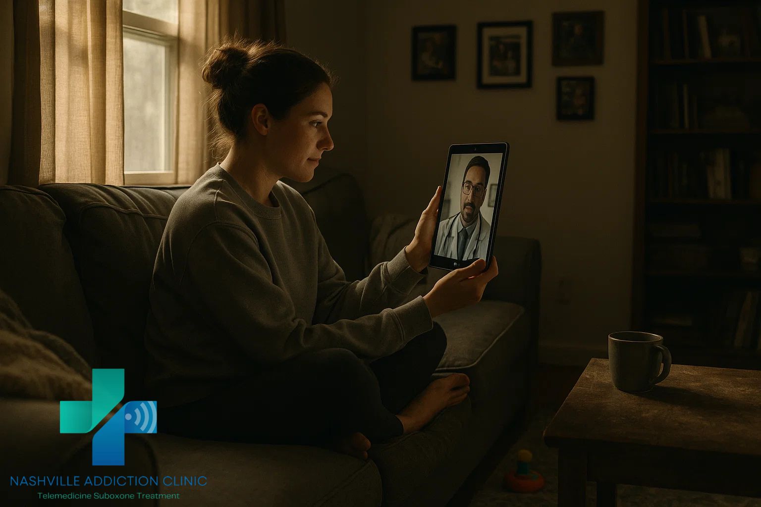 Woman on a living room couch holding a tablet for a telehealth session about 7-Hydroxy withdrawal, with soft daylight, family photos, and a child’s toy in view.