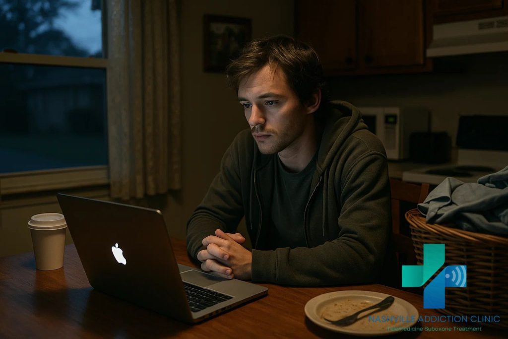 Tennessee man at kitchen table on telehealth call for Suboxone treatment, symbolizing real-life recovery from 7-OH addiction.