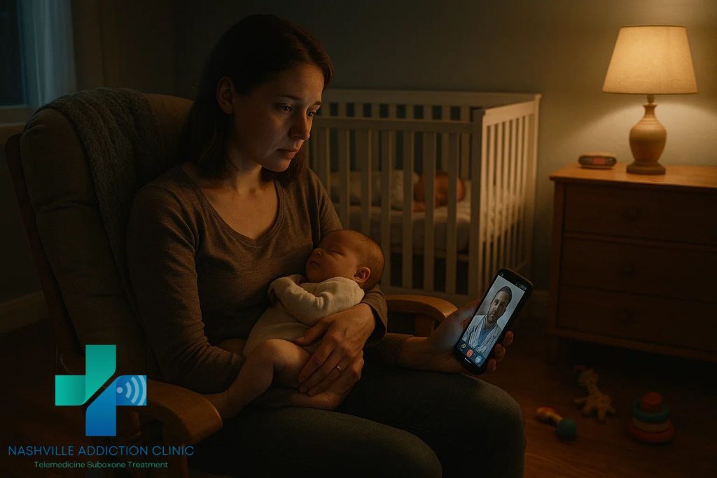 Young mother on a nighttime telehealth call for 7-OH addiction treatment with Suboxone, baby sleeping nearby in a warm Tennessee nursery.