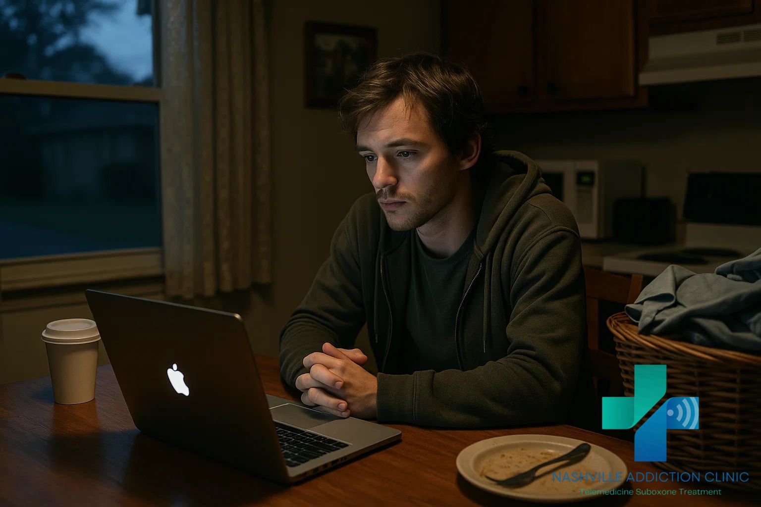 Tennessee man at kitchen table on telehealth call for Suboxone treatment, symbolizing real-life recovery from 7-OH addiction.