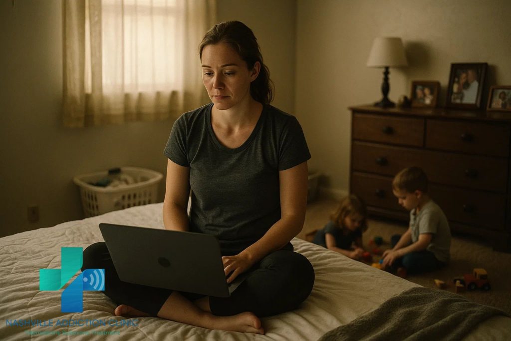 Woman in Tennessee using telehealth for 7-OH withdrawal treatment while her children play in the bedroom, symbolizing resilience and hope.