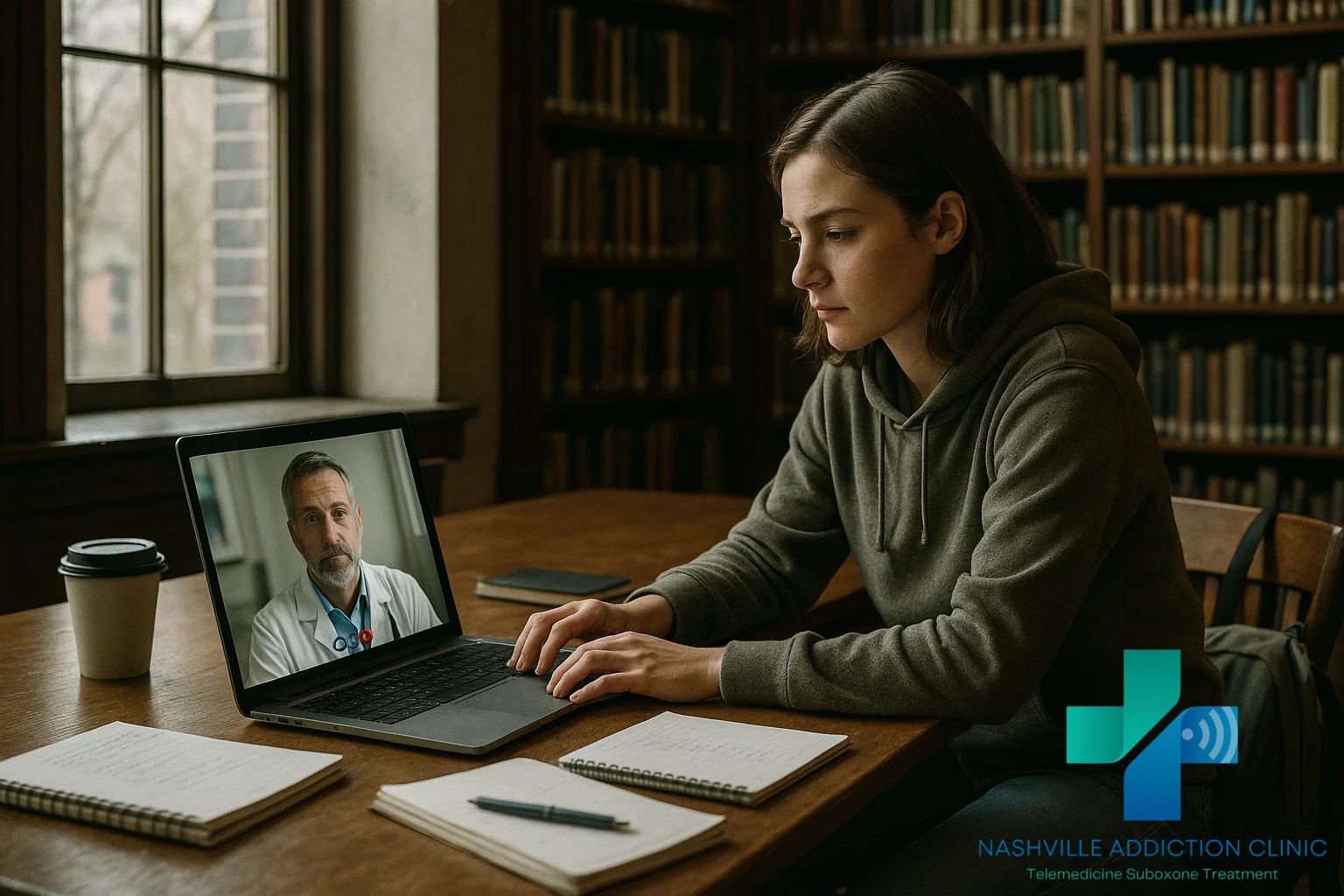 Young woman in a Tennessee library on a telehealth video call for 7-hydroxymitragynine addiction treatment, symbolizing resilience and recovery.