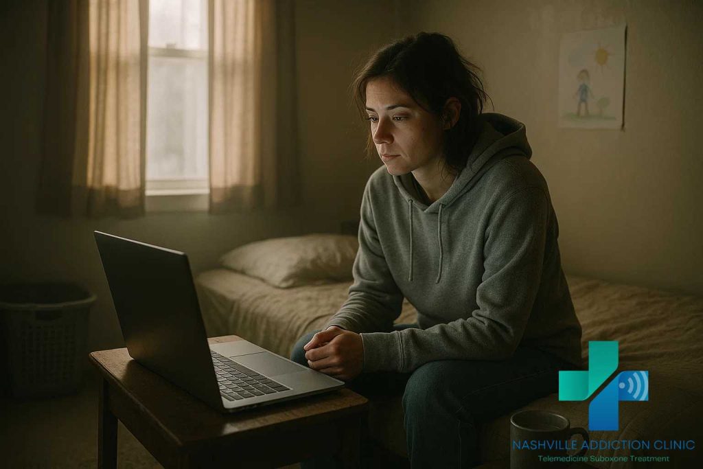 Woman in her late 20s attending a telehealth appointment from home for 7-hydroxymitragynine withdrawal treatment in Tennessee.
