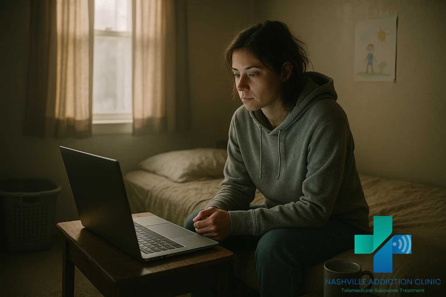 Woman in her late 20s attending a telehealth appointment from home for 7-hydroxymitragynine withdrawal treatment in Tennessee.