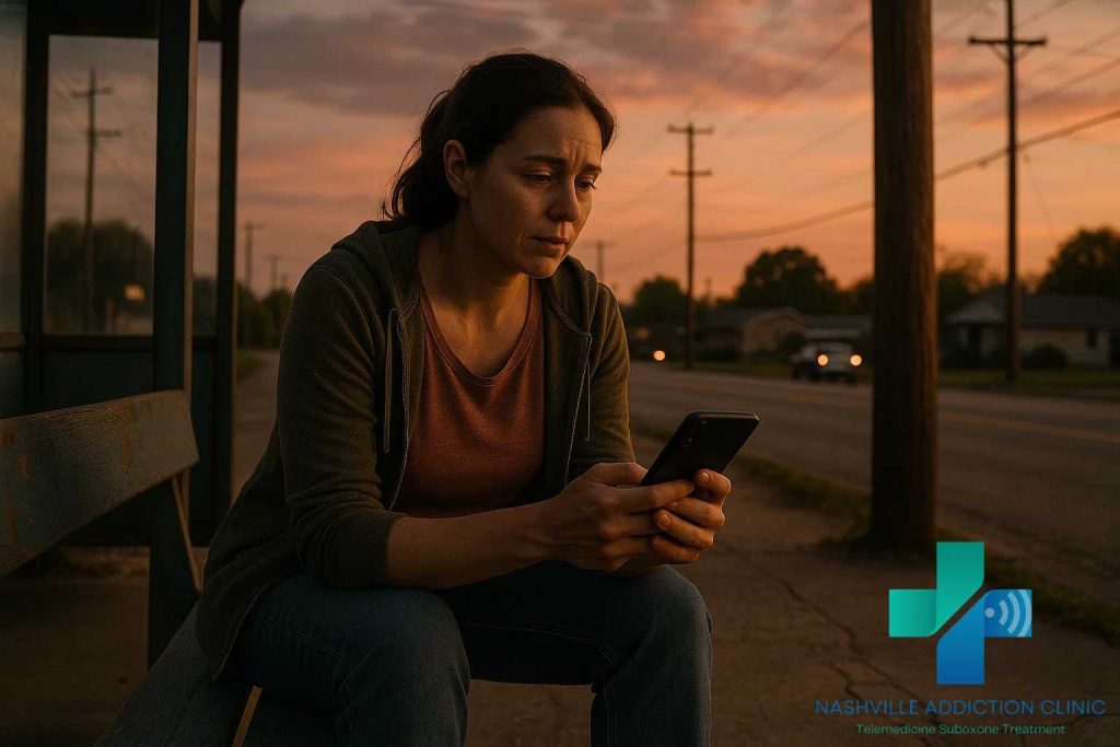 Young woman at a rural Tennessee bus stop using her smartphone for a telehealth Suboxone visit to treat 7-OH and kratom withdrawal.