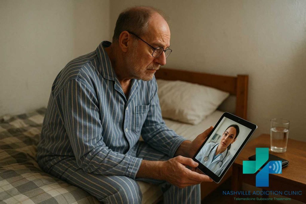Older man in pajamas using a tablet for telehealth in his bedroom, with TennCare card and water on the bedside table, accessing Addiction Treatment TennCare.