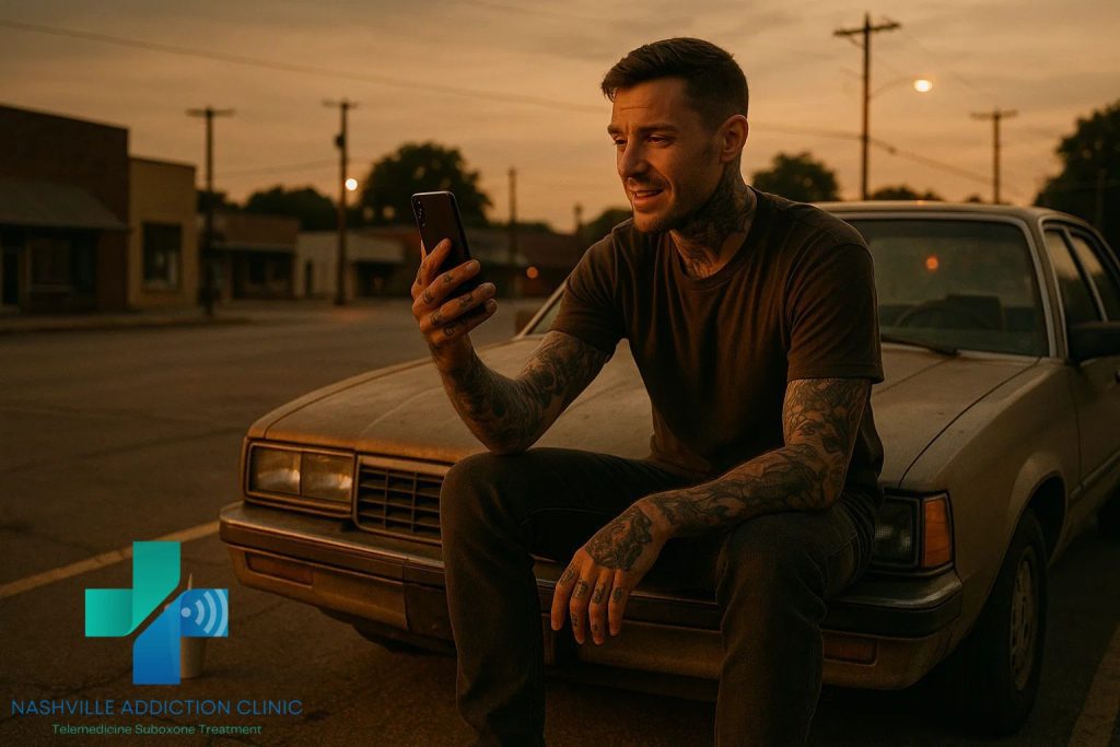 Tattooed young man leaning against an old car at sunset in a small Tennessee parking lot, using his smartphone for a telehealth kratom recovery session.