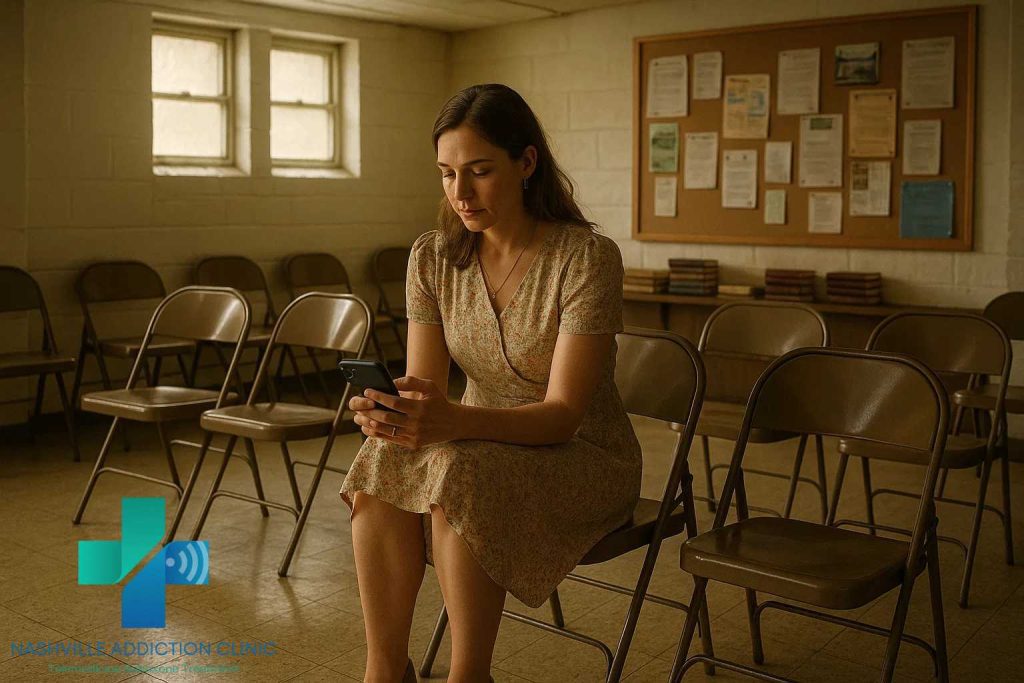 Young woman in Sunday best using her smartphone for a Suboxone telehealth call in a small-town church basement, representing fast online Suboxone treatment in Tennessee.