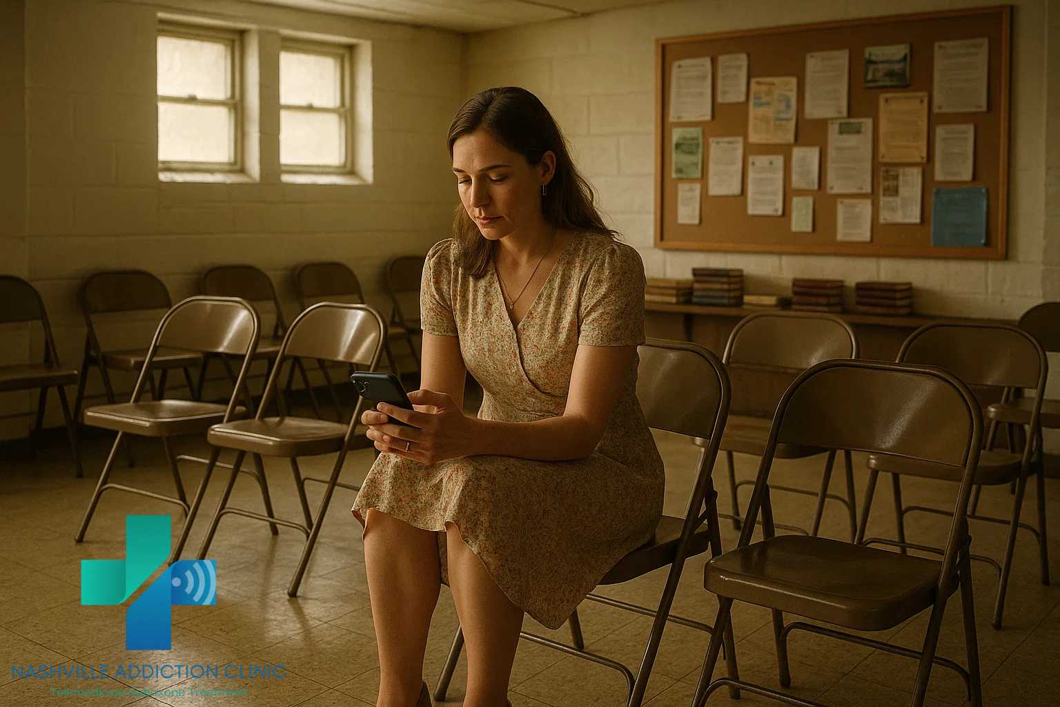 Young woman in Sunday best using her smartphone for a Suboxone telehealth call in a small-town church basement, representing fast online Suboxone treatment in Tennessee.