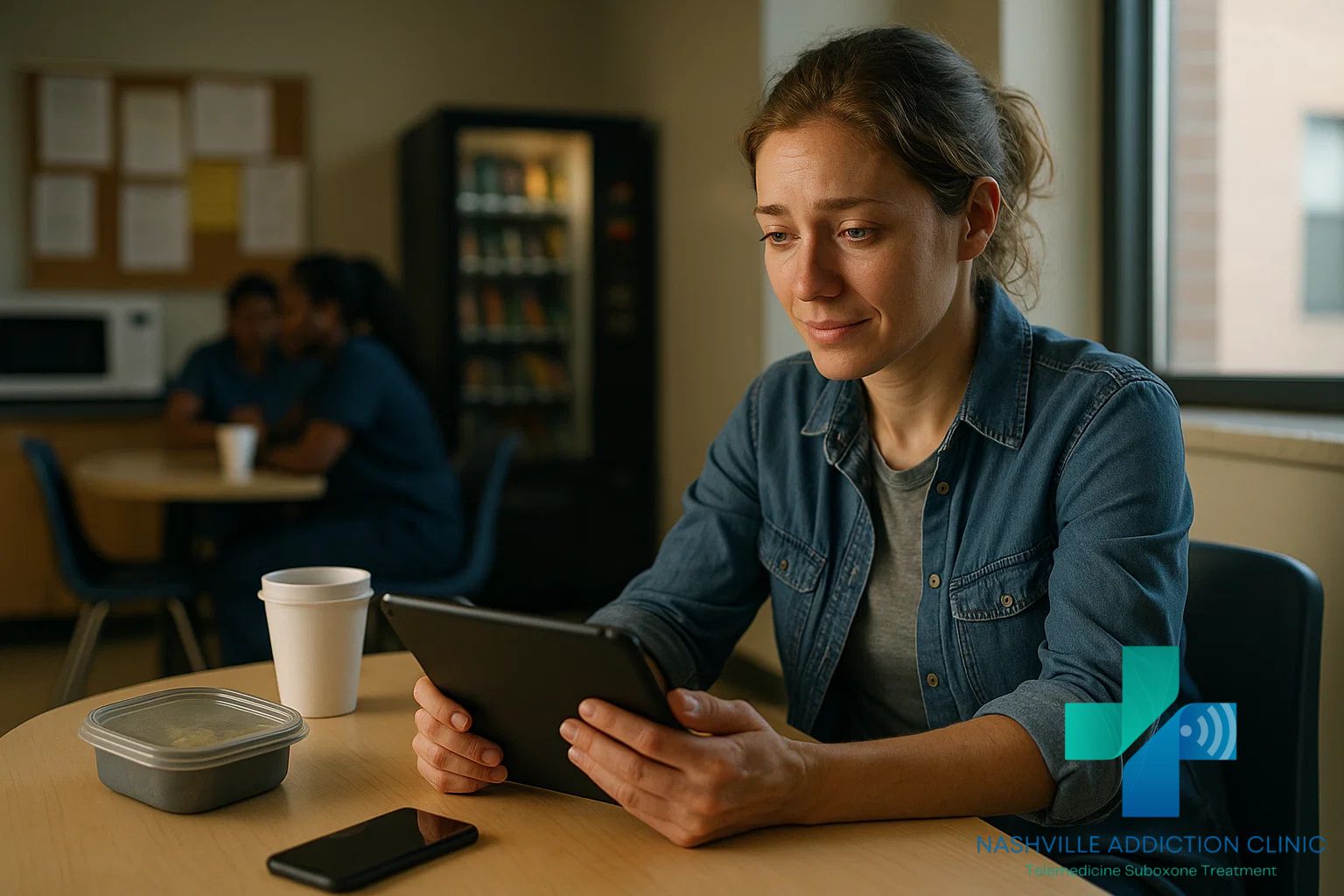 Young woman in a work break room using a tablet for a telehealth Generic Suboxone appointment in Tennessee, with coffee cup and phone on the table.