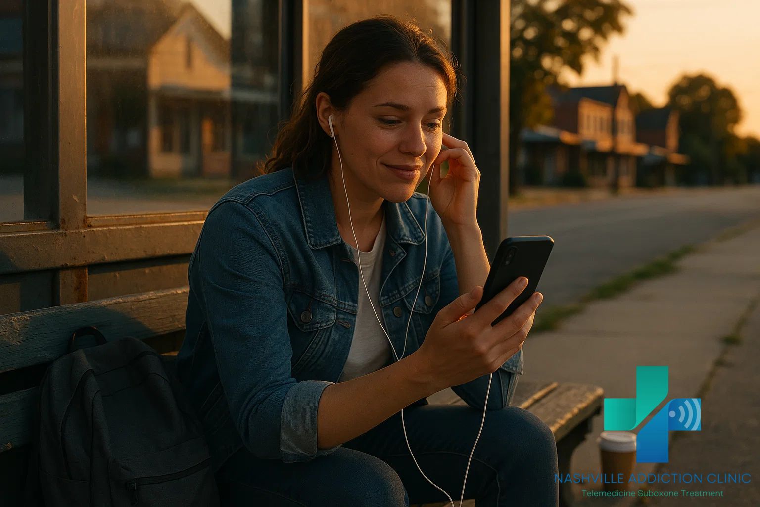 Young woman at a small-town bus stop using telemedicine on her phone to get Suboxone now, symbolizing hope and accessible opioid addiction treatment in Tennessee.