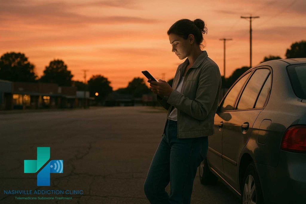Woman leaning against her car at sunset in Tennessee, attending an online Suboxone appointment on her smartphone.