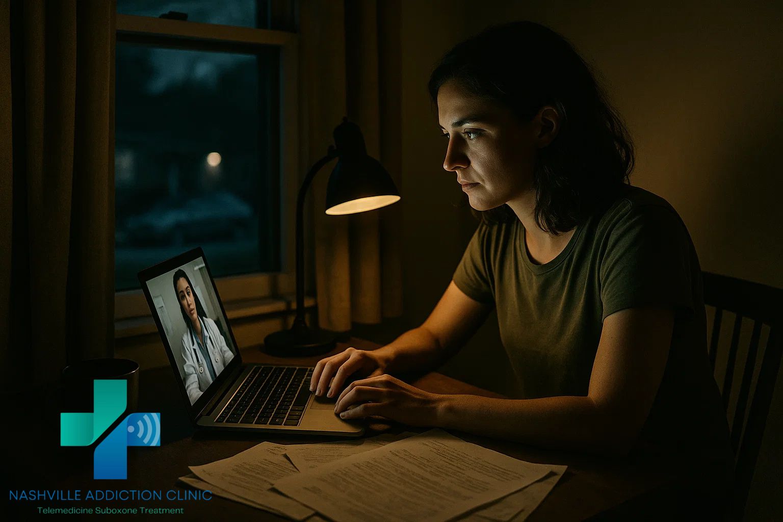 Woman in home office at night on laptop during Suboxone telehealth appointment, symbolizing Tennessee virtual recovery option.