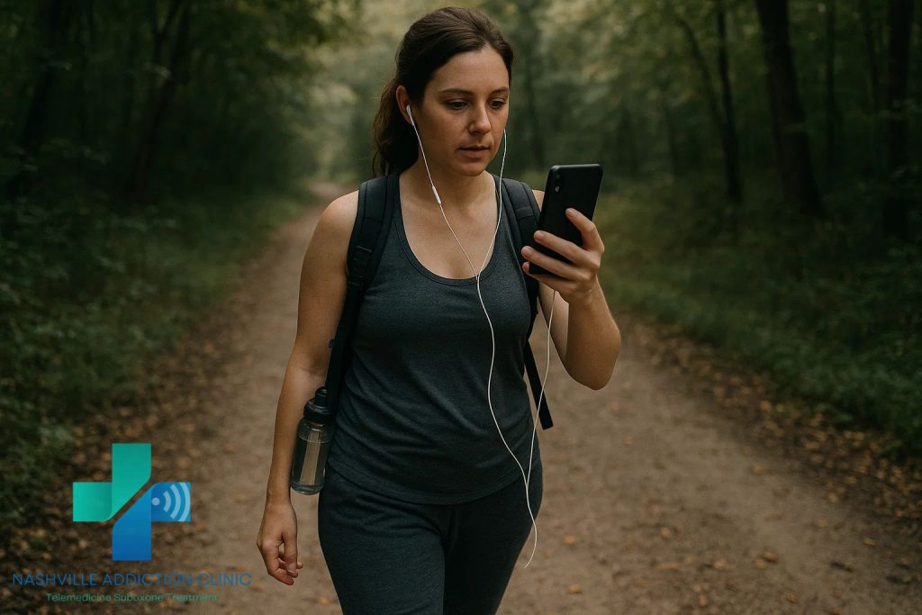 Woman walking on a wooded path during an online Suboxone telehealth session in Tennessee, representing fast and affordable recovery.