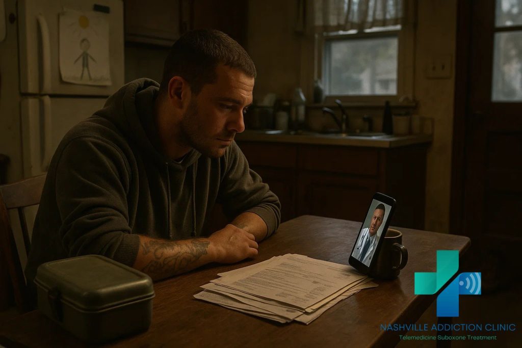 Tennessee father attending a telehealth Suboxone appointment in his kitchen with work boots, unpaid bills, and a child’s drawing symbolizing recovery from kratom addiction.