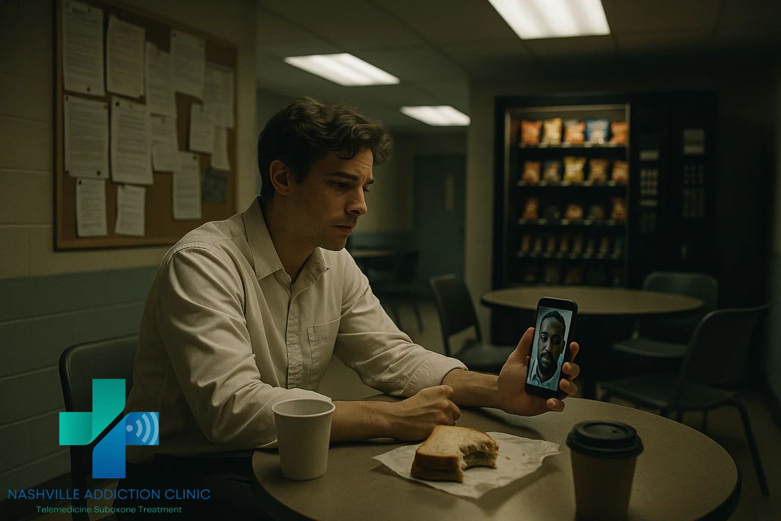 Worker in a hoodie sitting at a break room table during a telehealth call, with coffee cups, vending machine glow, and bulletin board in the background, reflecting the challenge and hope of kratom recovery.