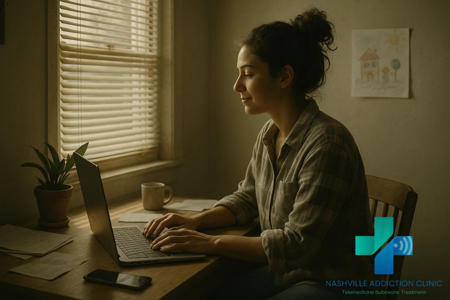Woman in her late 20s focused on a telehealth Suboxone appointment from her Tennessee home office, surrounded by personal items symbolizing recovery and hope.