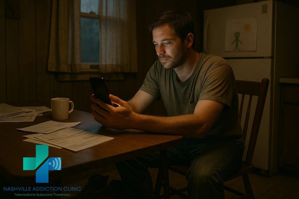Young father in rural Tennessee on a telehealth call at his kitchen table, starting Suboxone treatment with Nashville Addiction Clinic.