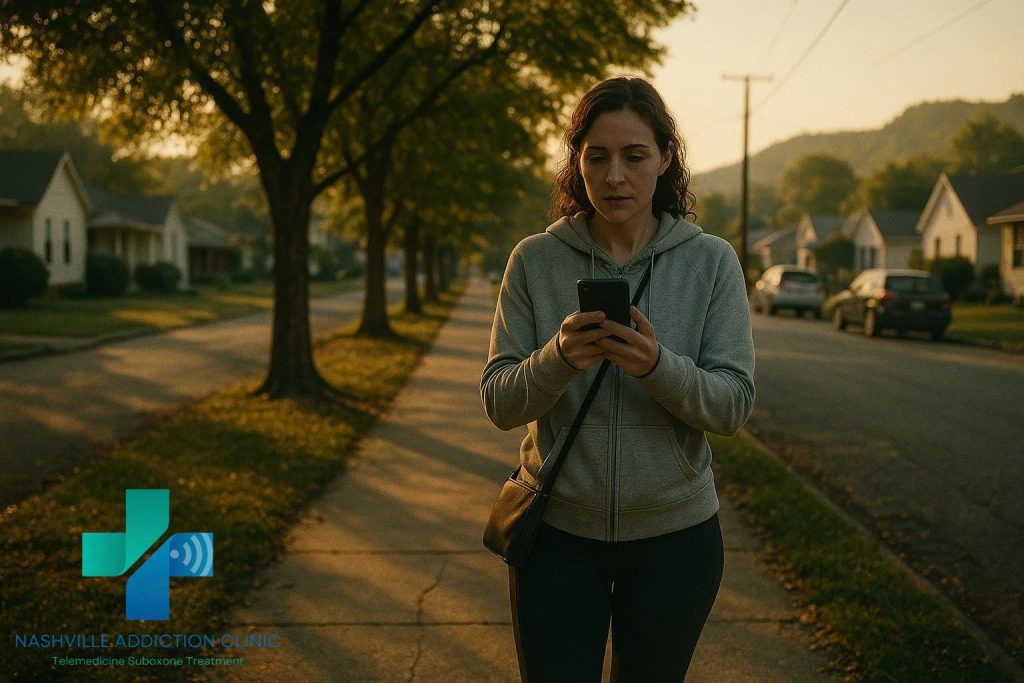 Woman walking on a tree-lined sidewalk at golden hour during a telehealth Suboxone session, showing the convenience of getting Suboxone online in Tennessee.