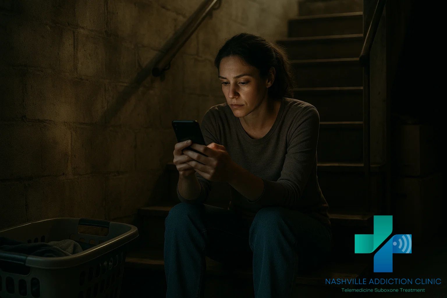 Woman in her 30s on basement steps during a telehealth call, showing the struggle and hope of kratom withdrawal recovery.