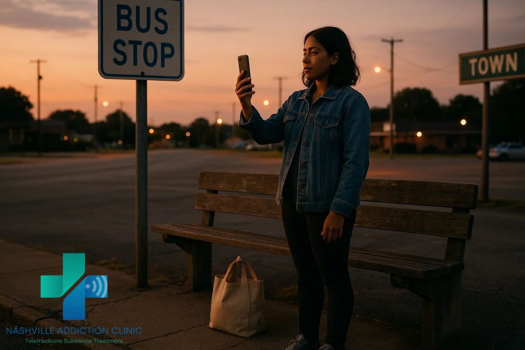 Young woman at a rural Tennessee bus stop at sunset holding a smartphone for a telehealth call, symbolizing strength and home kratom detox.