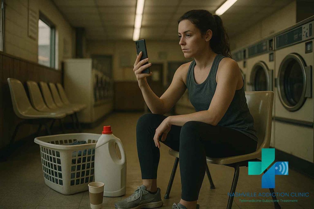 Woman in her 20s using smartphone for telehealth Suboxone appointment in a Tennessee laundromat with laundry baskets and coffee cup.